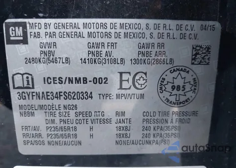 2015 Cadillac Srx Standard из США, поврежденный, VIN 3GYFNAE34FS620334